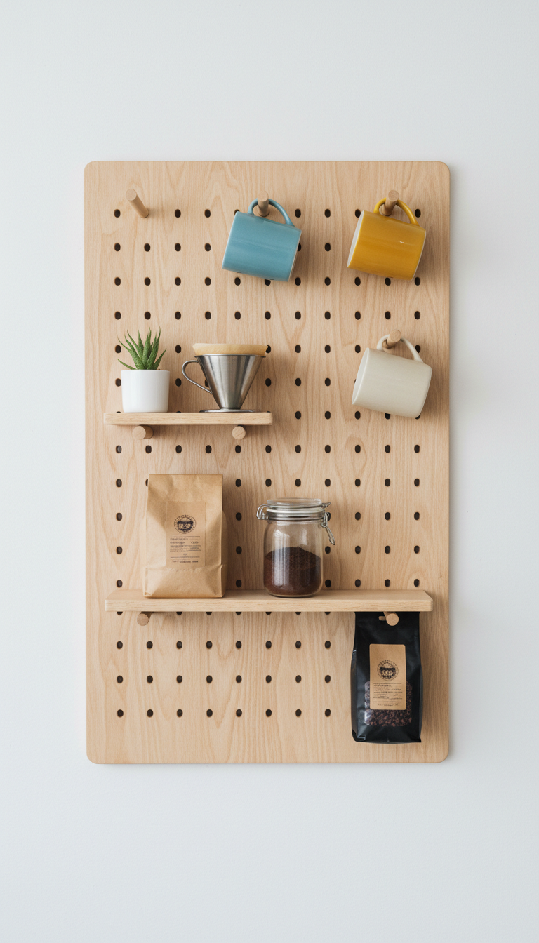 Wooden pegboard coffee station with hanging mugs, shelves, and coffee accessories