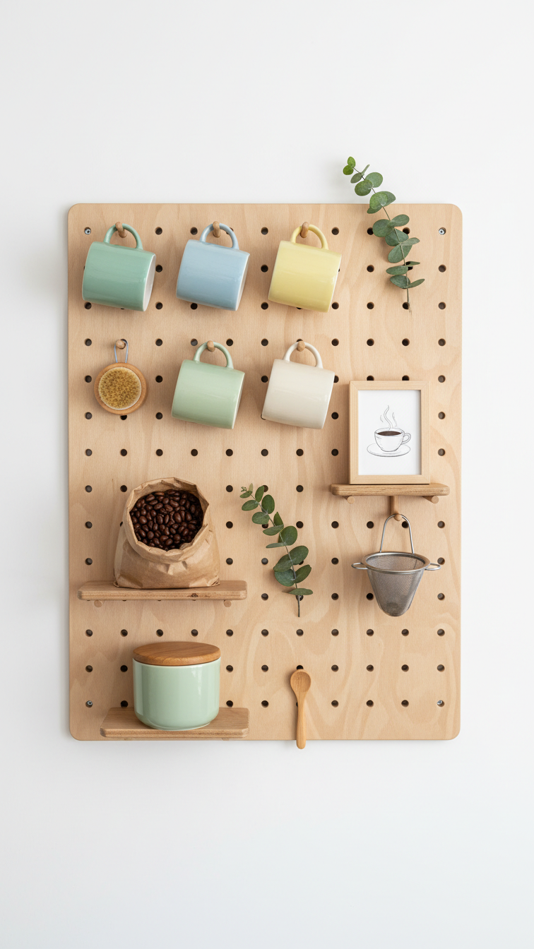 Wooden pegboard coffee station with organized mugs and accessories on light plywood background