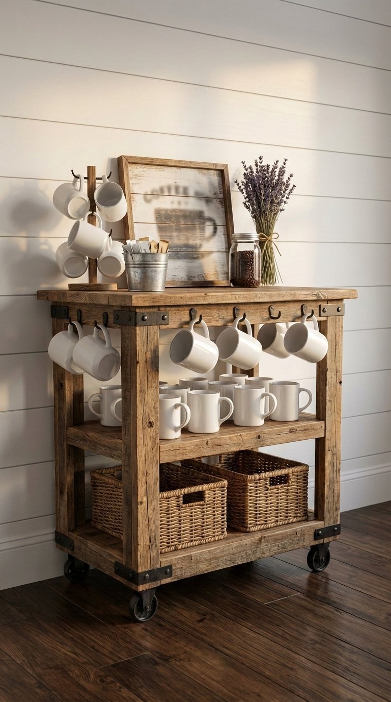 Wooden rolling cart styled as farmhouse coffee setup with ceramic mugs and galvanized bucket