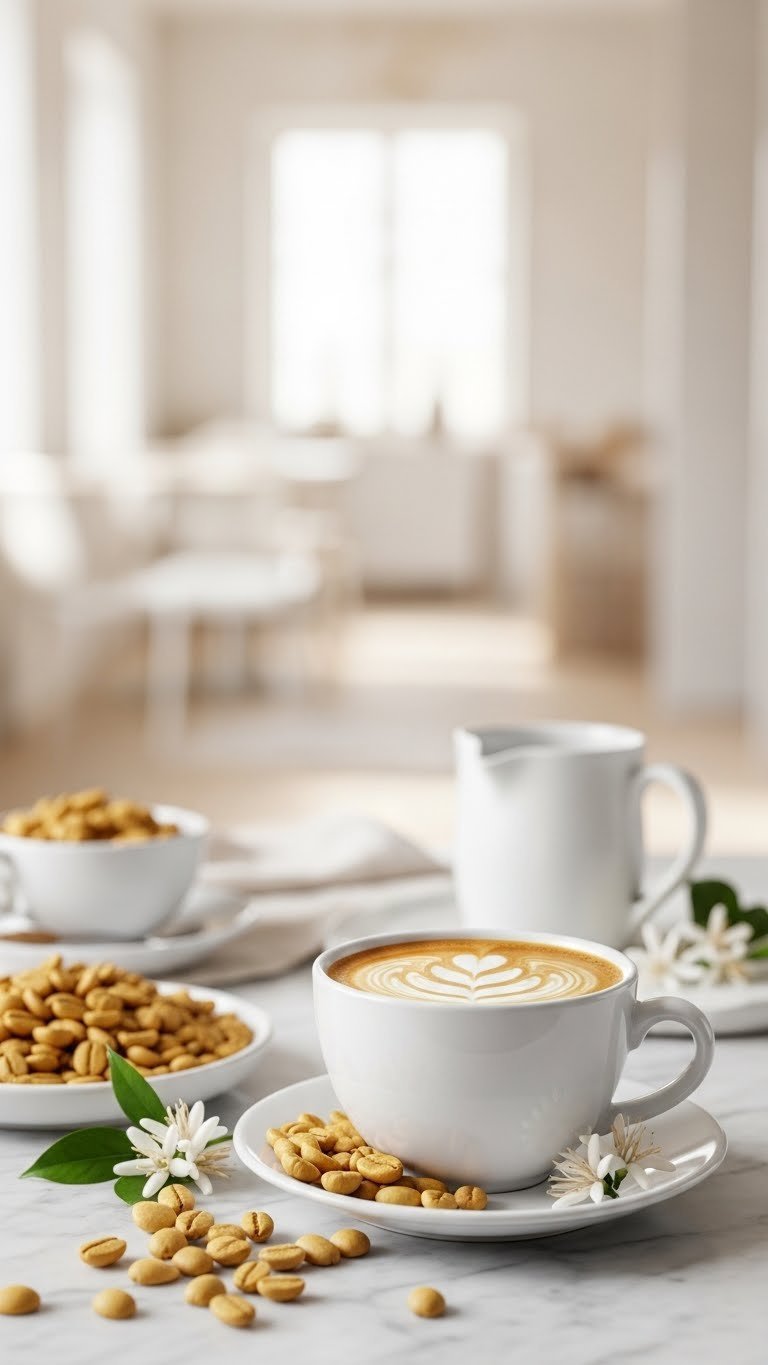 Yellow honey coffee beans on marble countertop with minimalist ceramic cup and soft lighting
