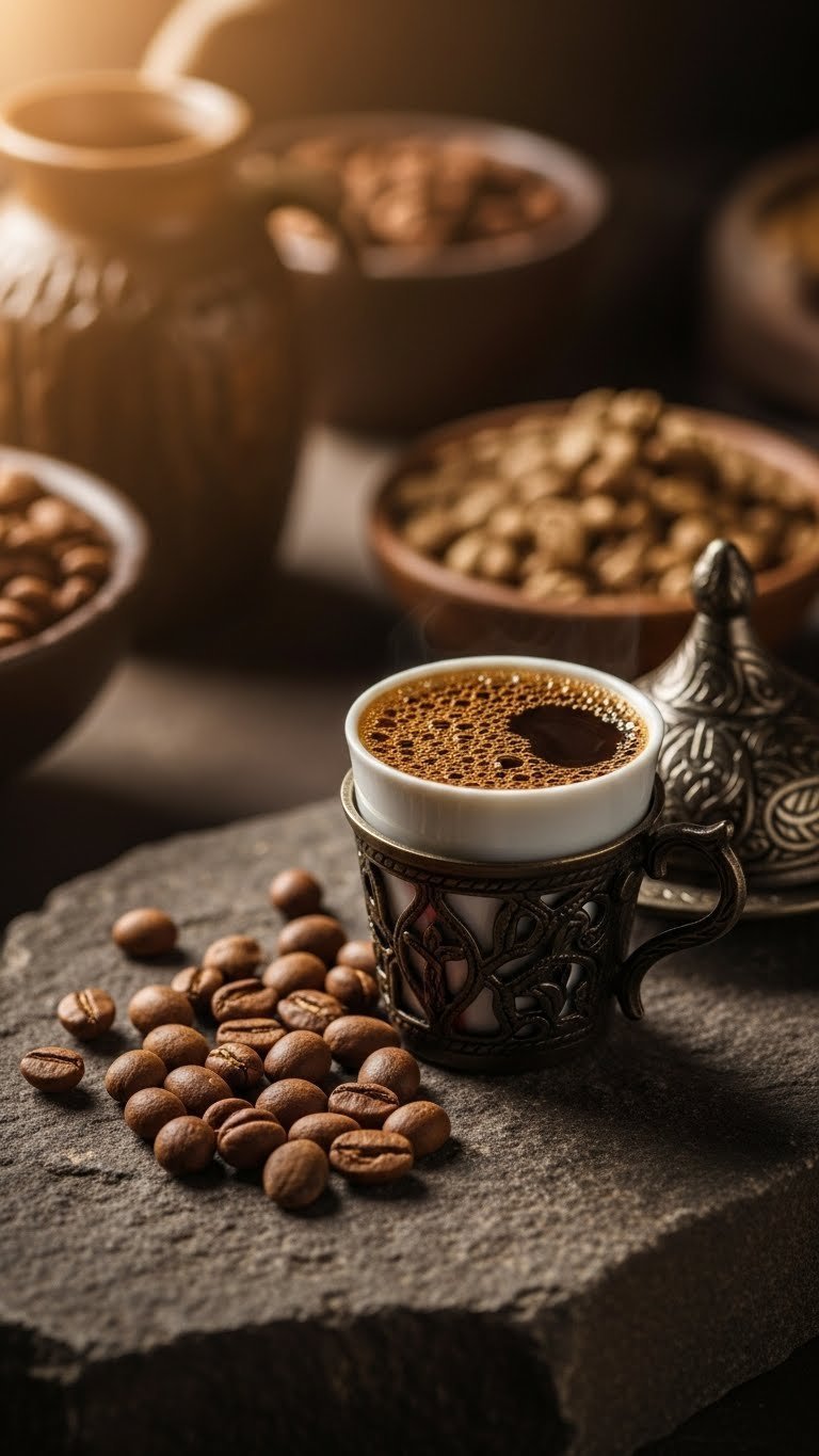 Yemen Mocca Mattari coffee beans scattered on stone surface with intricate metal finjan cup of dark coffee