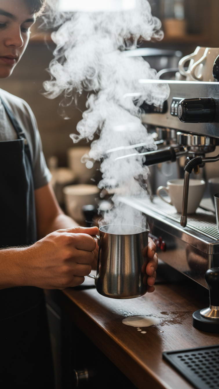 Youth leader guiding teenager's hands to steam milk using commercial espresso machine in coffee training session