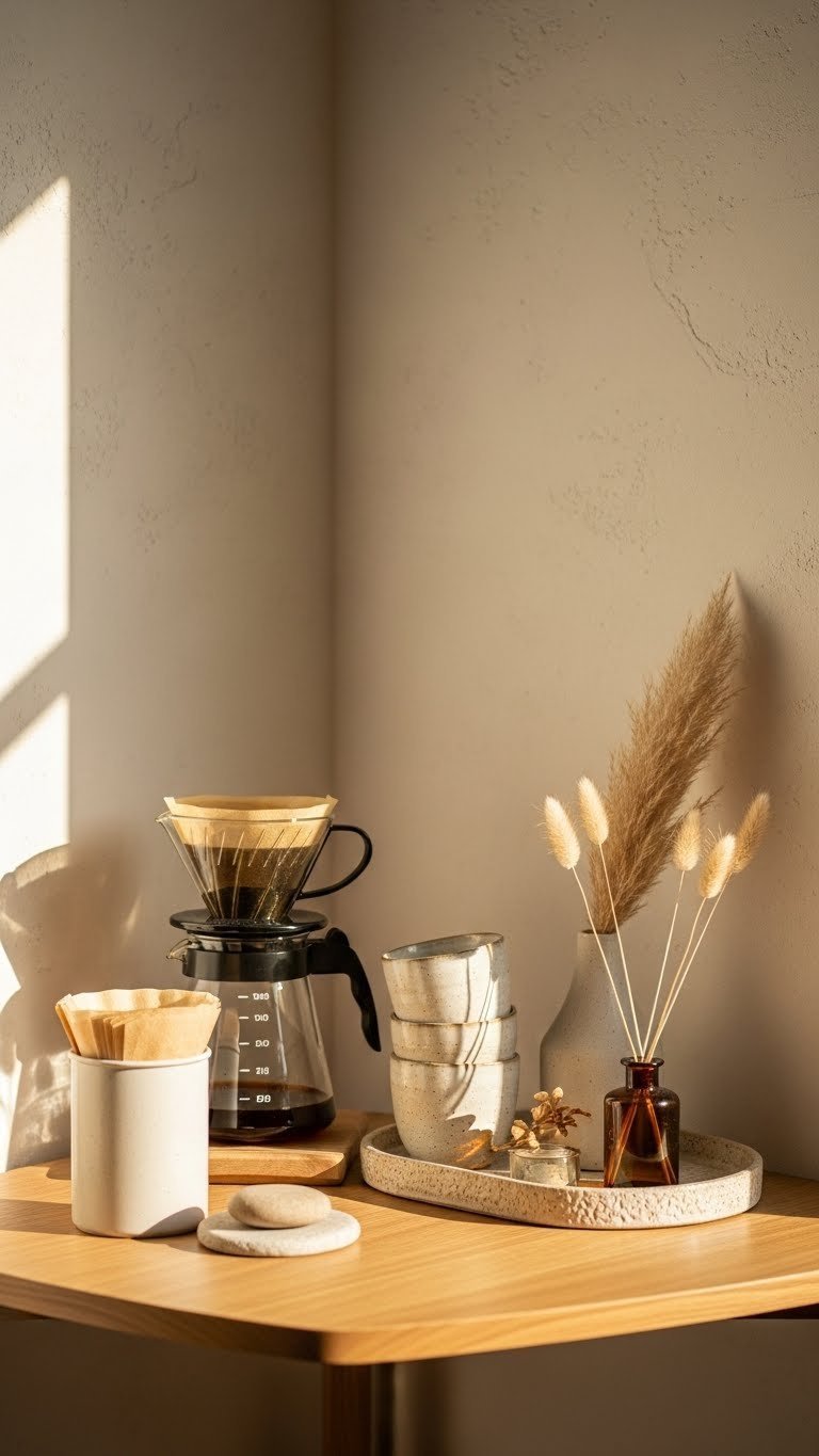 Zen Japandi corner coffee bar with drip coffee maker, stoneware cups, and pampas grass on light wood corner desk