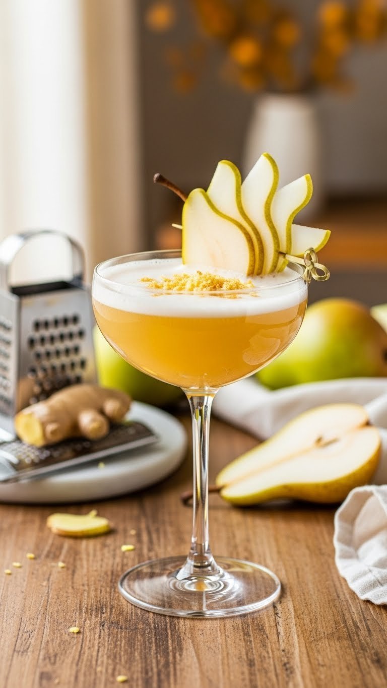Zesty Ginger Pear Sparkler mocktail with fanned pear slices and grated ginger in elegant coupe glass