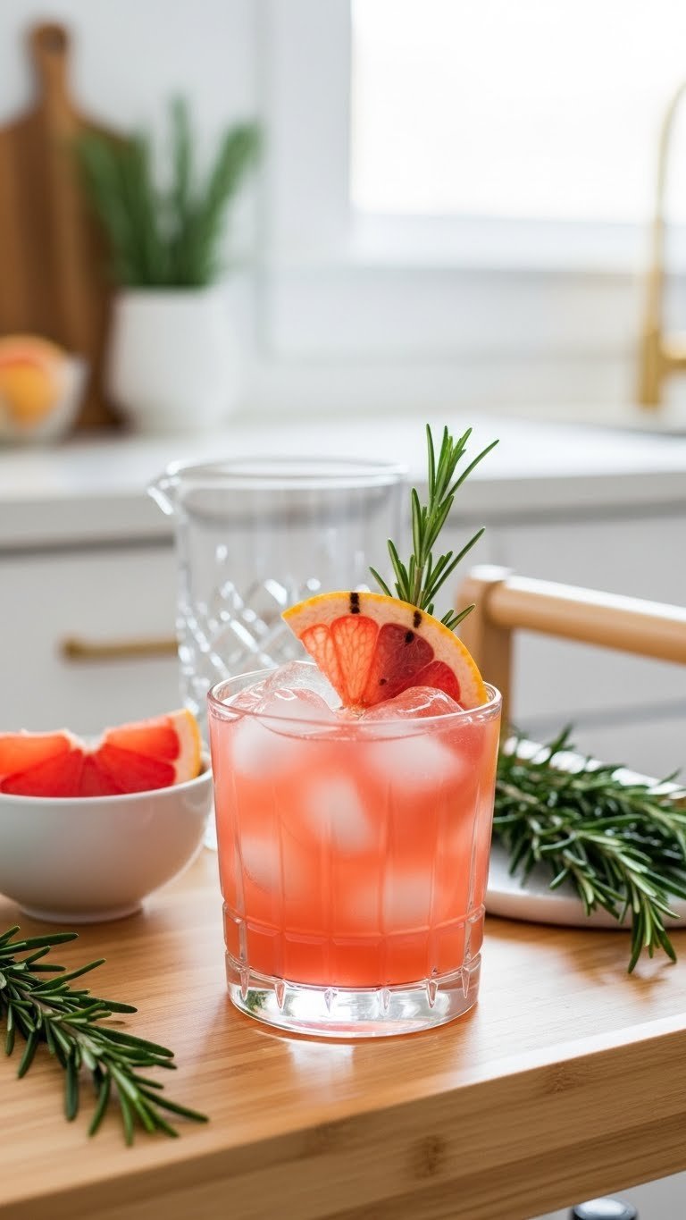 Zesty Rosemary Grapefruit Gin Smash in rocks glass with charred rosemary and grapefruit slice garnish on bar cart.