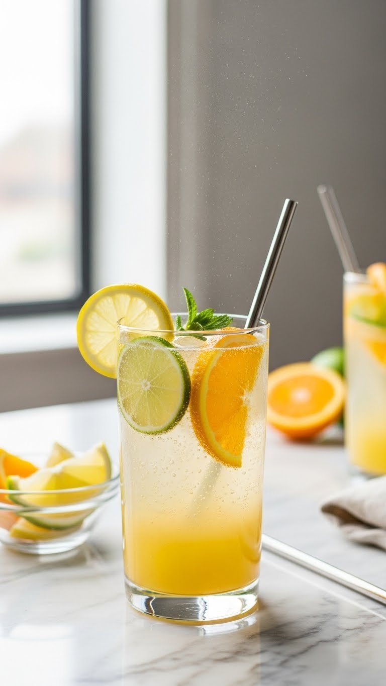 Zesty citrus sparkler Italian soda in modern glass with fresh lemon, lime, and orange slices and sparkling bubbles rising on marble countertop