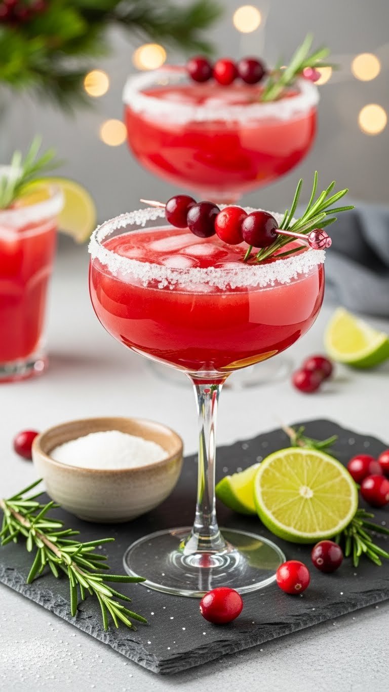 Zesty cranberry margarita in sugar-rimmed glass with fresh cranberries and rosemary sprig garnish