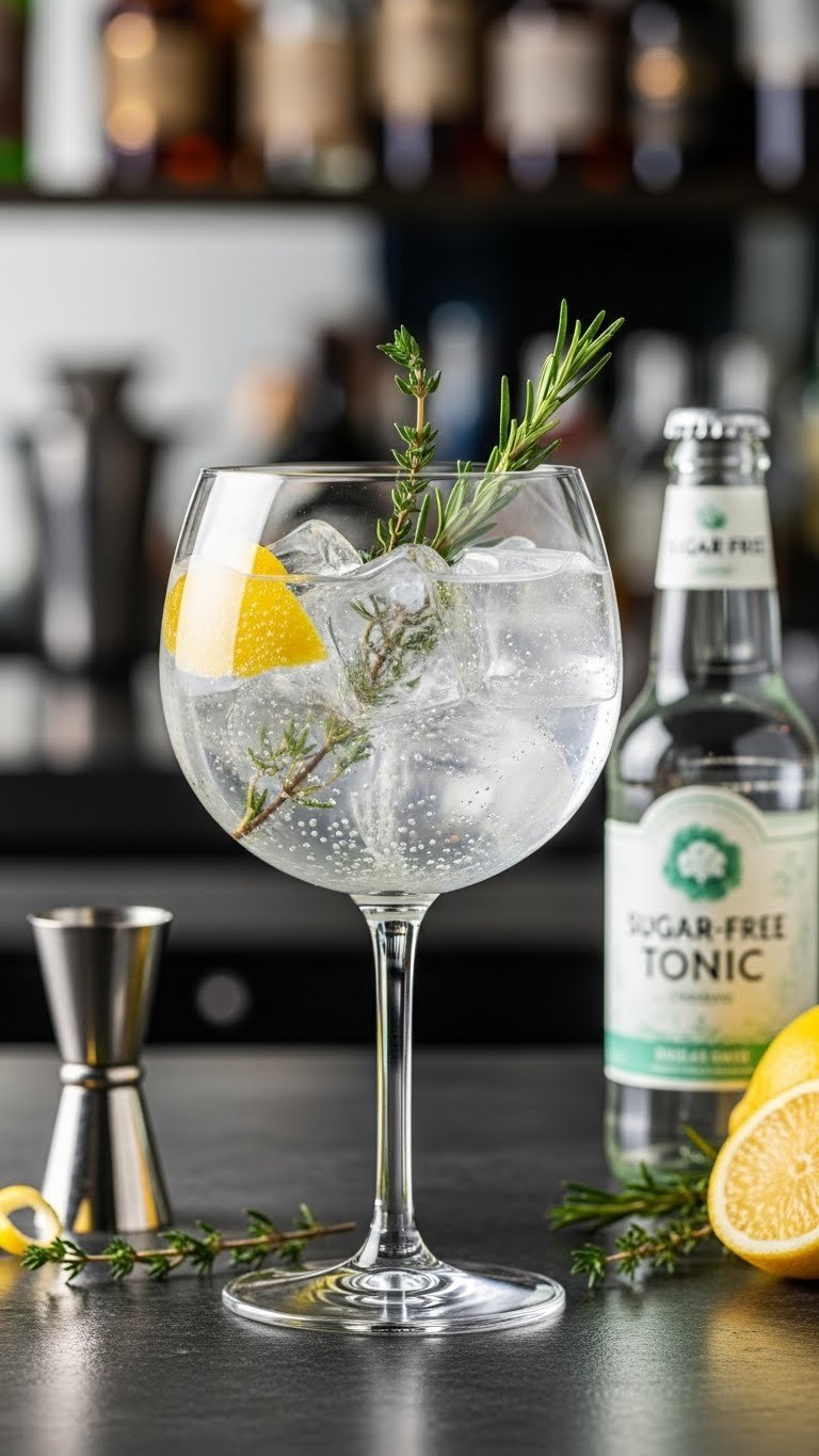 Zesty gin and tonic cocktail in balloon glass with lemon peel twists, thyme sprig and clear ice cubes.