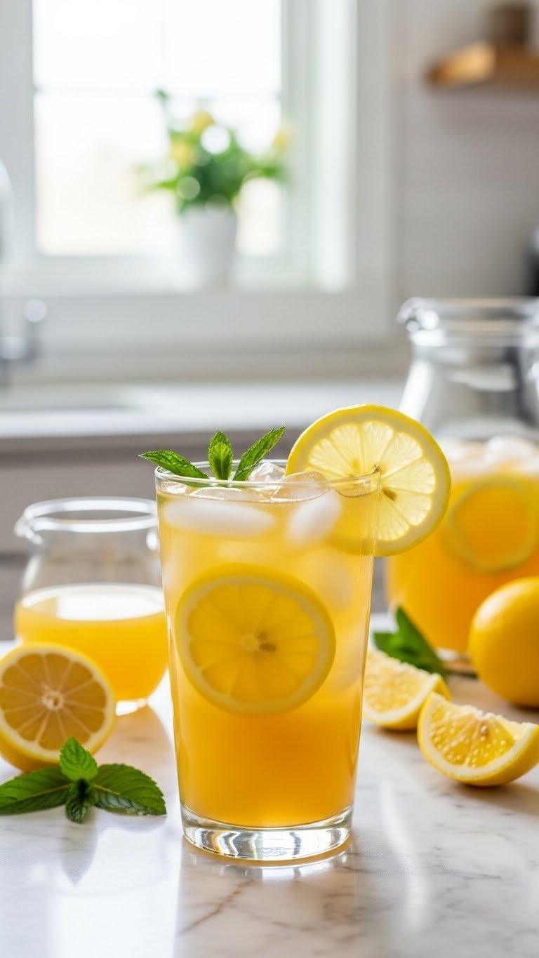 Zesty lemon iced tea in clear glass with lemon slices, mint leaves, and ice on light marble countertop