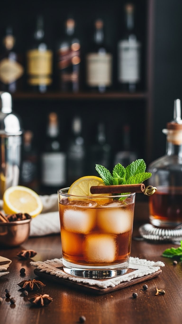 Zesty maple bourbon smash cocktail in rustic glass with lemon wheel and fresh mint garnish