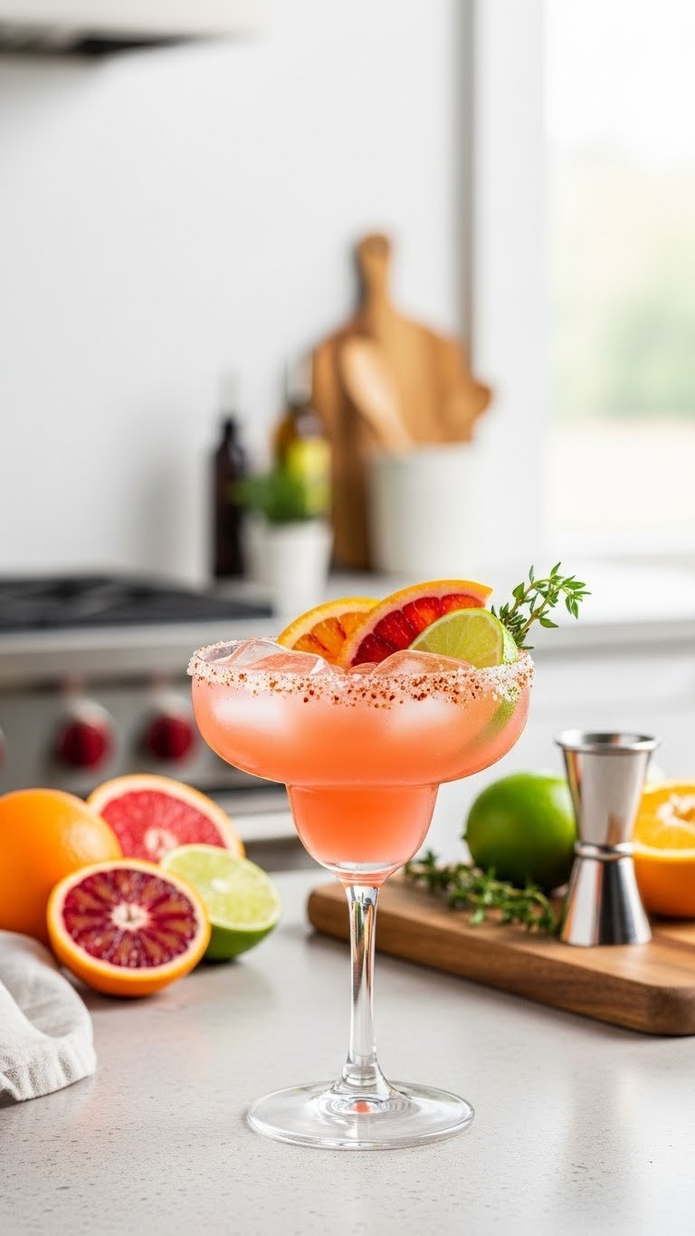 Zesty winter citrus margarita in classic glass with salt rim and fresh fruit garnish