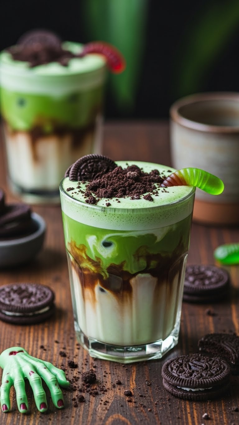 Zombie Matcha latte with green matcha and coffee swirl topped with cookie dirt and gummy worm