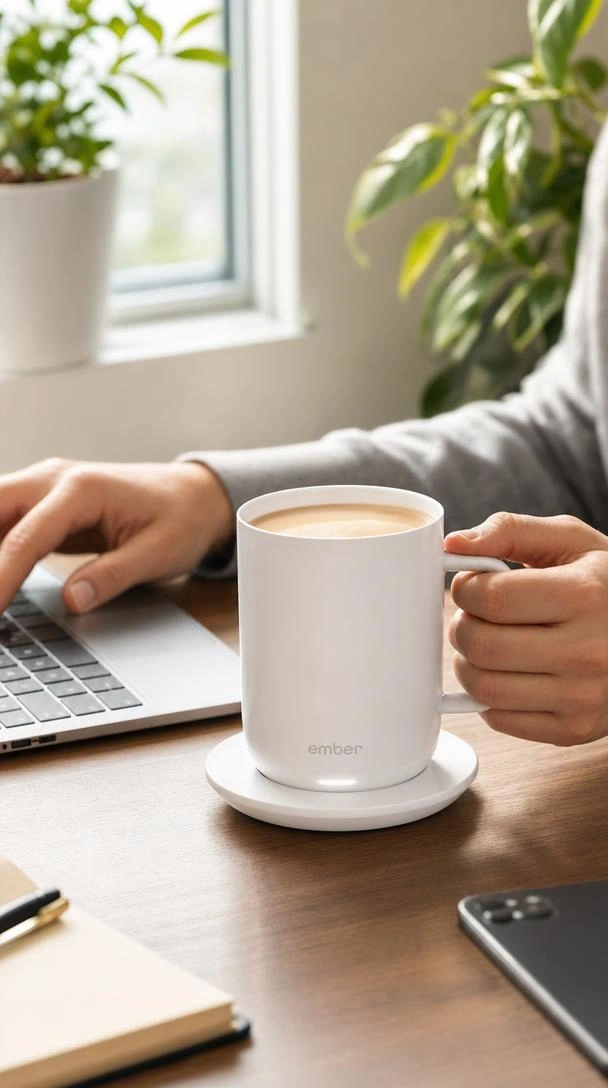 Ember Smart Mug 2 Review: Pros, Cons & Honest Verdict 2 Testing the Ember Smart Mug 2 battery life and companion app on a home office desk