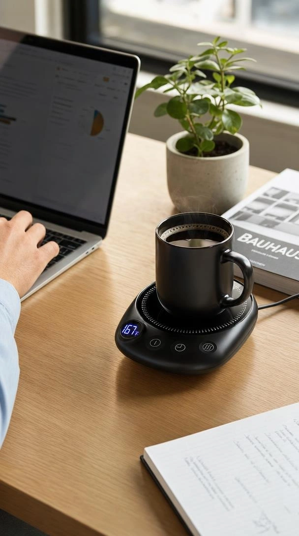 KitchekShop Mug Warmer Review: Does It Actually Work? 2 KitchekShop Mug Warmer on desk in a home office setup